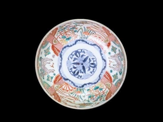 古伊万里 色絵花鳥仔犬文透し彫鉢 江戸時代中期から後期頃