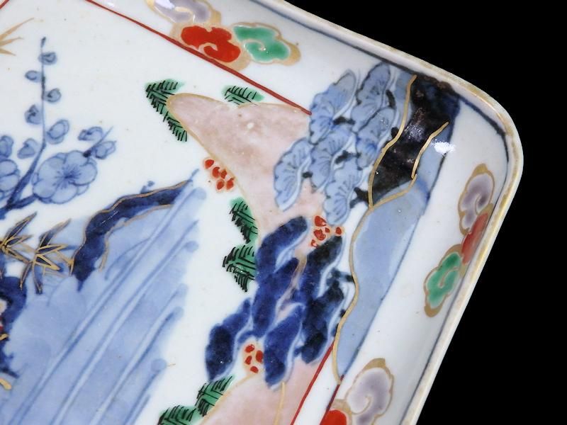 古伊万里 染錦 山水に松竹梅図 角皿