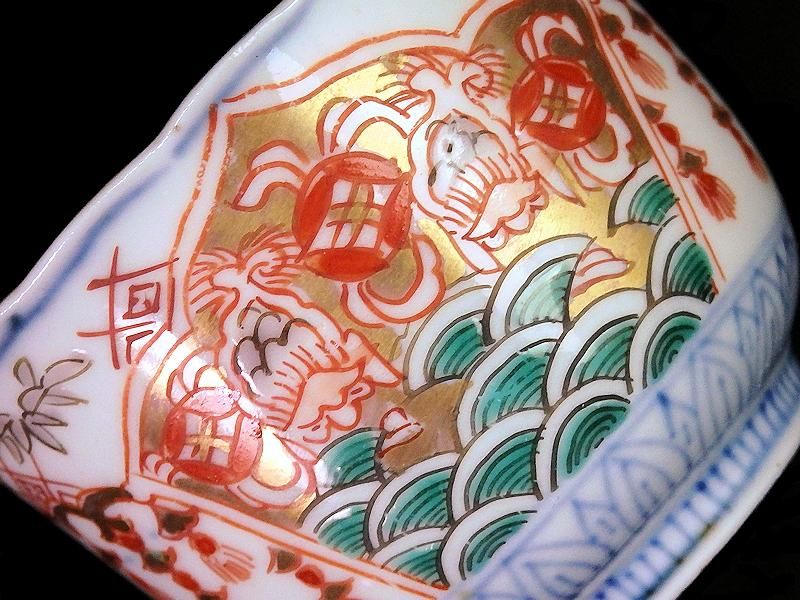 古伊万里 金襴手 鶴に松竹梅の図 4寸皿 2枚 E355AS-CBq 古伊万里