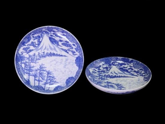 古伊万里 染付 型刷り印判 富士に龍図 5寸皿 2枚セット