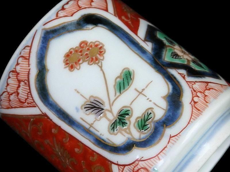 古伊万里 色絵 窓絵 岩に東屋 笹に花の図 蕎麦猪口 351AS-fbmr 古