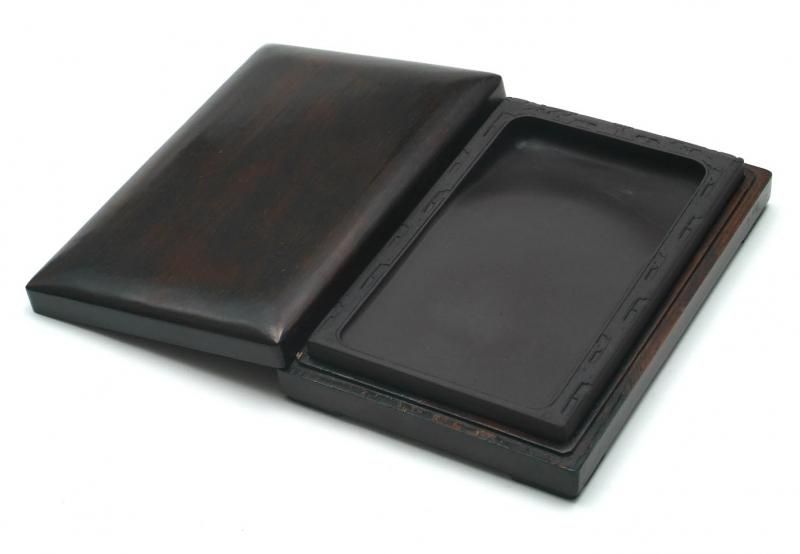 □端渓硯□饕餮文彫琢の長方硯□玳瑁班・青花・金線□約8吋□古い合木