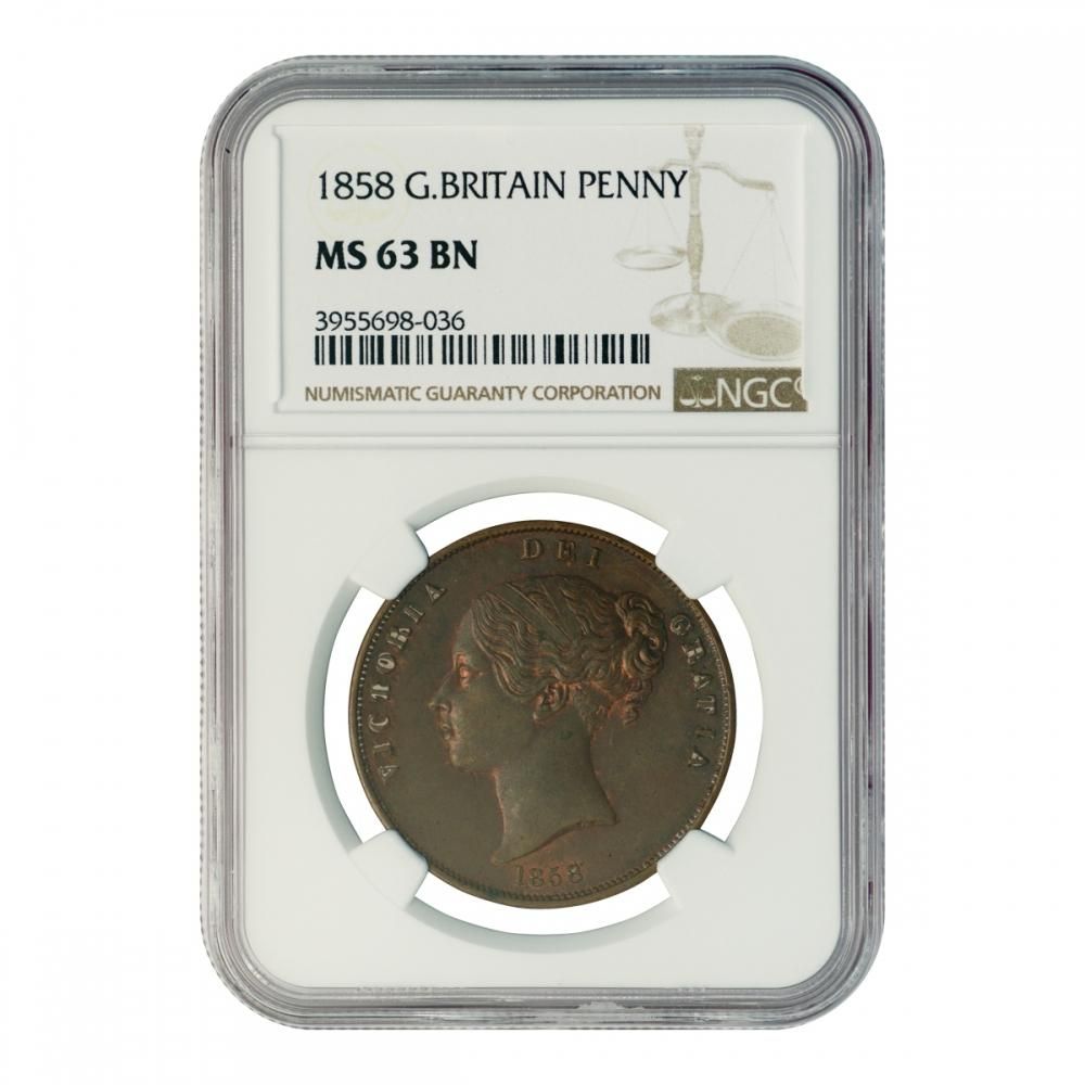 イギリス 1858年 1ペニー銅貨 ヴィクトリア(ヤング)女王 NGC MS63BN