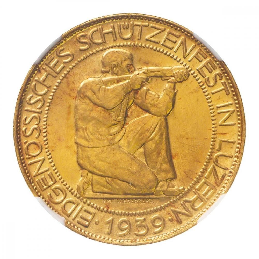 スイス 1939年B 100フラン金貨 射撃祭 ルツェルン州 NGC MS64