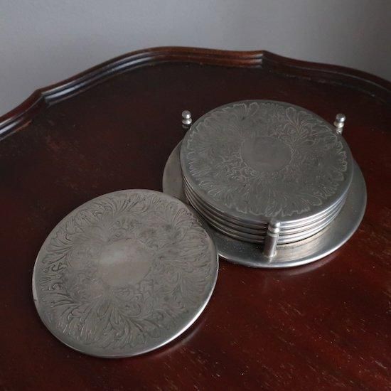 Vintage Silver Coaster 6 Pieces and Holder Set/ビンテージ シルバー
