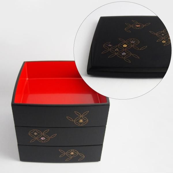 時代漆器 金銀 鴨蒔絵 紅溜 五段重箱 二枚蓋 共箱 木製 / 輪島塗