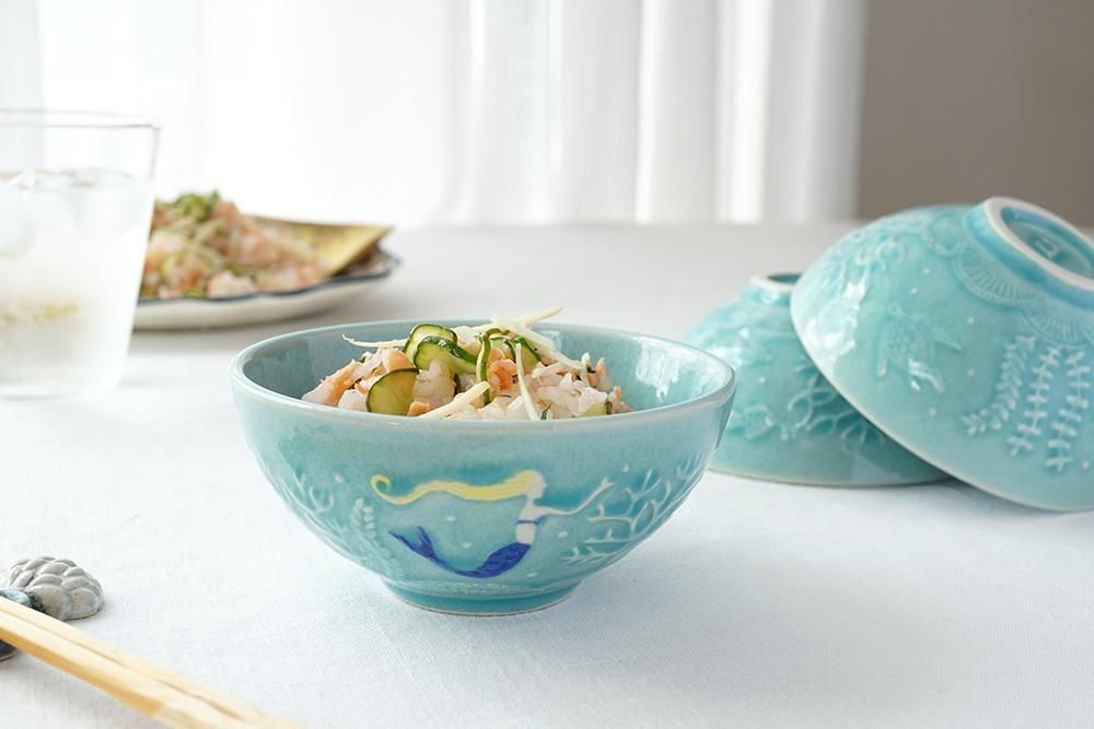 エ39 海の飯碗 マーメイドの着彩 - 益子焼の小さな窯元「よしざわ窯