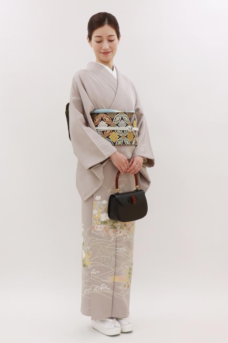 銀座【B-3879】染一ッ紋 色留袖 グレー系 波に秋草文 :身丈161.5/裄