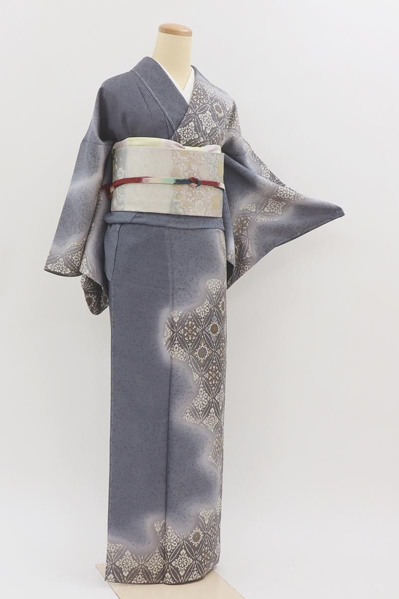 銀座【B-4004】五嶋紐監修 五嶋敏太郎作 訪問着 紺鼠色 七宝に花唐草文