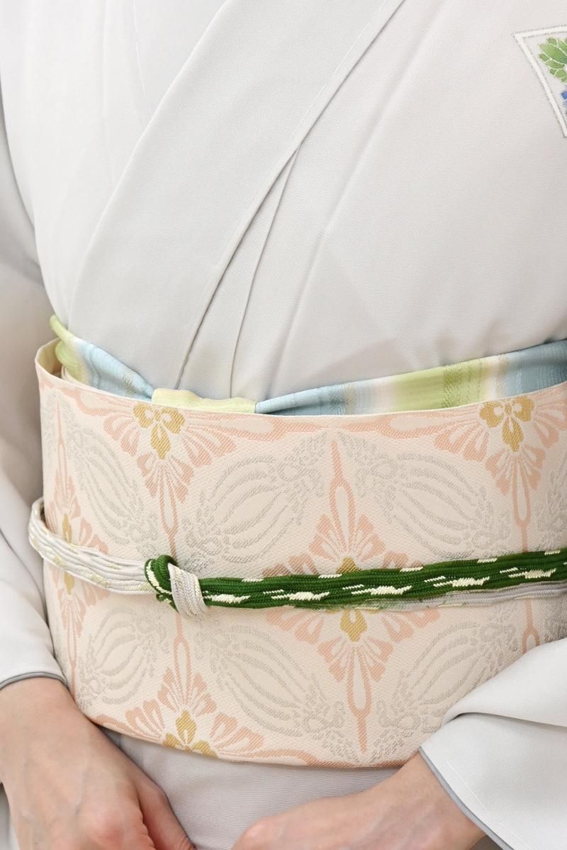 銀座【L-8394】袋帯 シェルピンク 鳥襷文（落款入・千切屋扱い