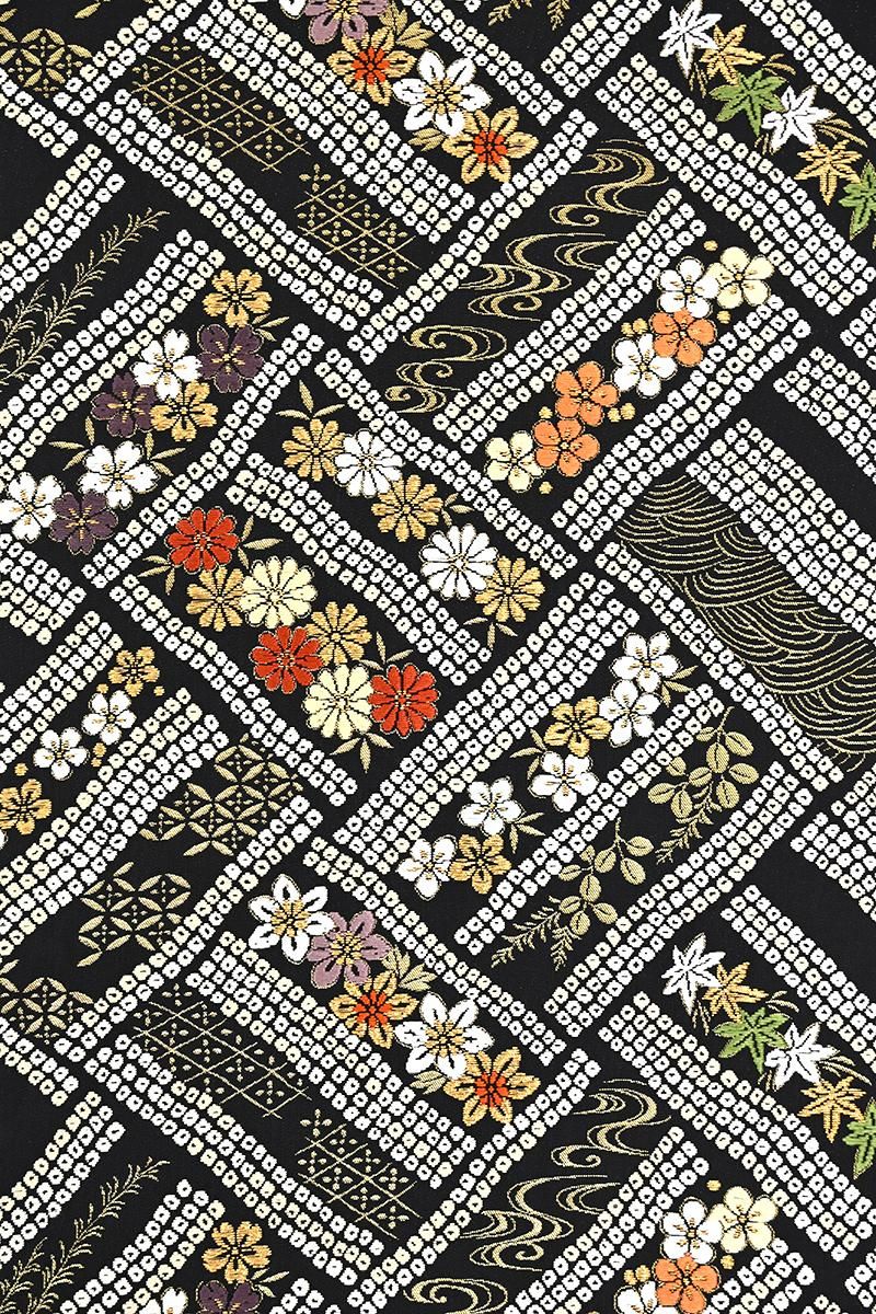 銀座【L-8493】袋帯 黒色 疋田の網代に四季花文 - 銀座きもの青木