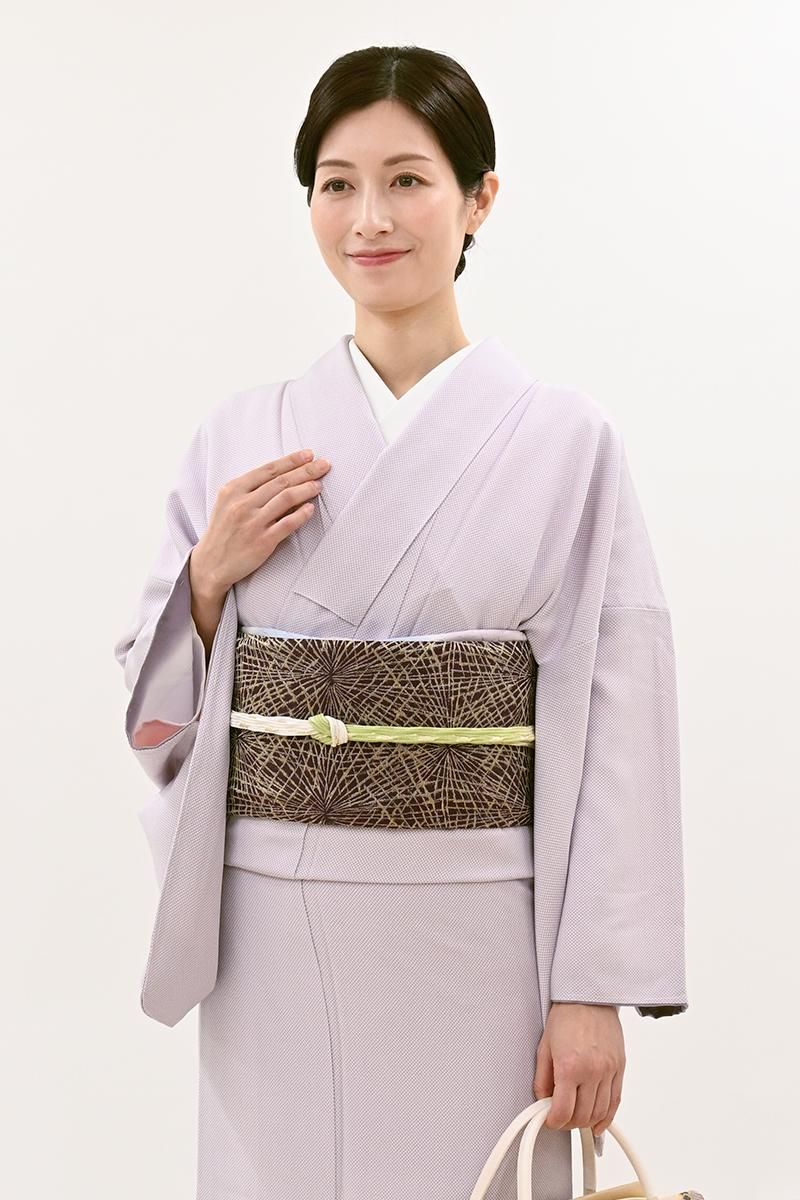 銀座【H-0930】西陣 龍村美術織物製 光波帯 紫鳶色 敷松葉 - 銀座