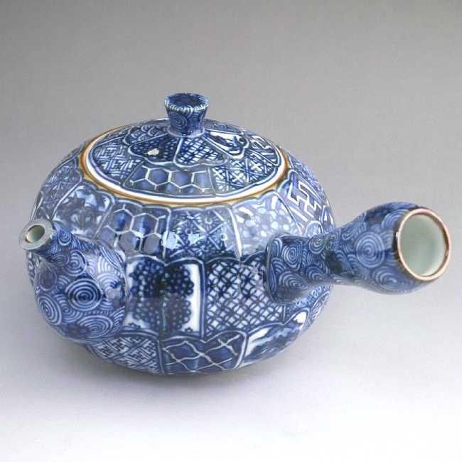 京焼 清水七兵衛 金彩色絵人物図 横手急須