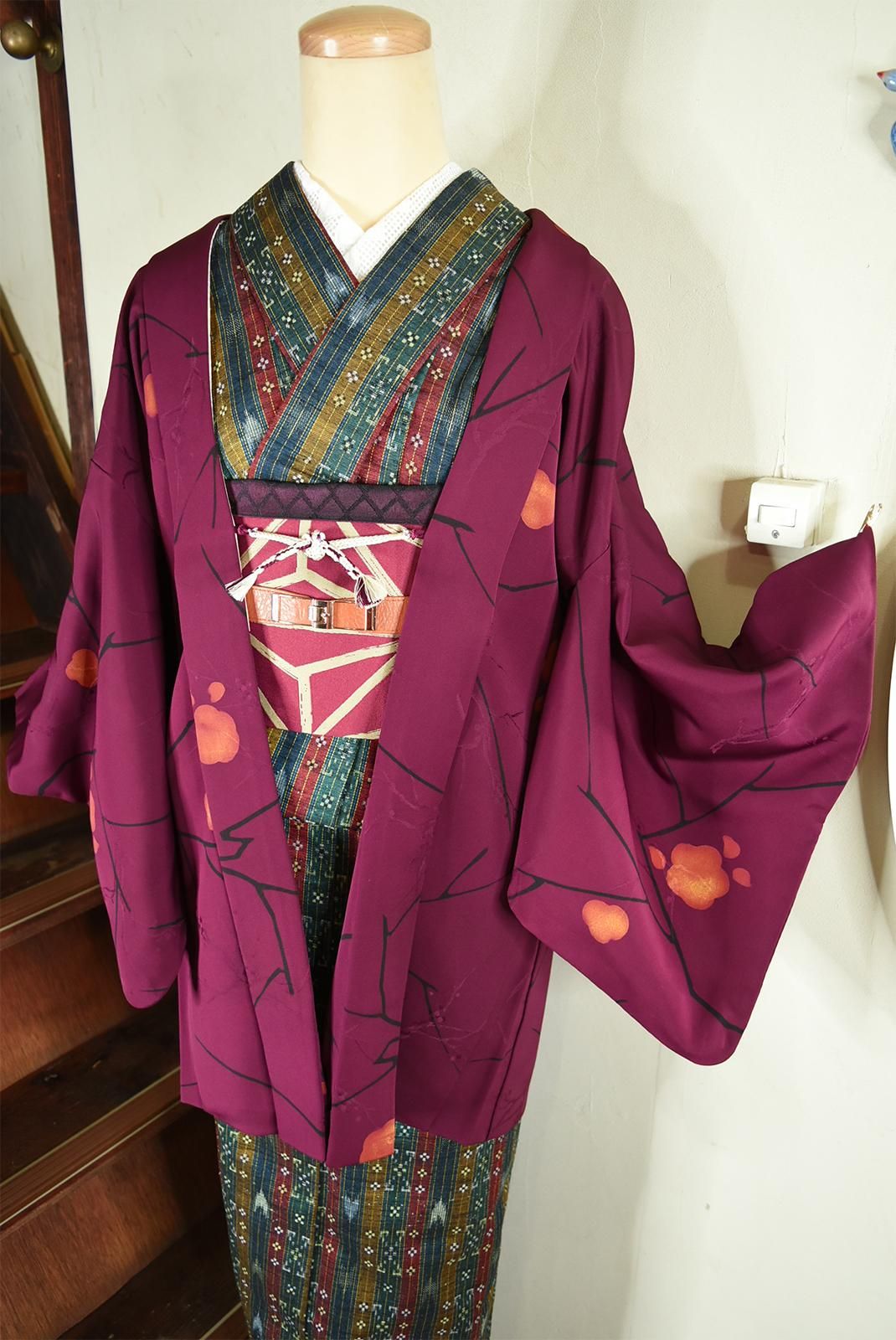 大正時代の着物 小紋 正絹 袷 時代物アンティーク 竹 笹 梅 十字架 クロス