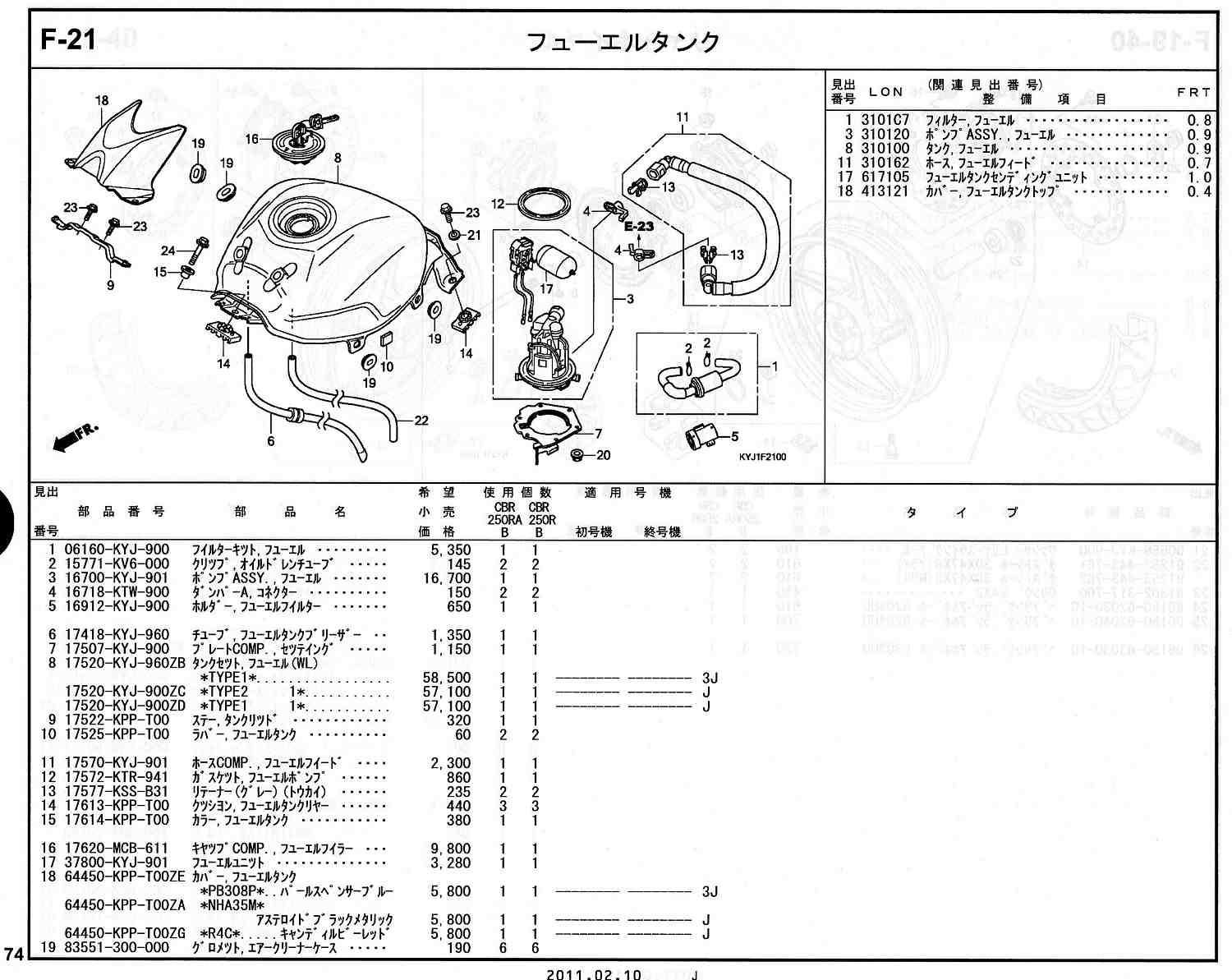 CBR250R ホンダ純正部品 ブロックNo.F-21 フューエルタンク ページ74
