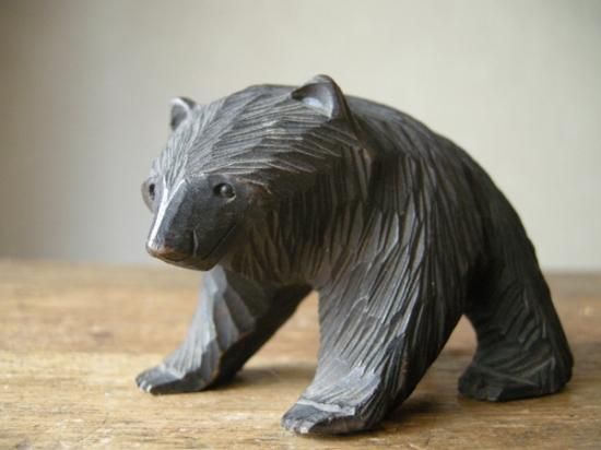 縁起物 天然木 熊木彫置物(台座付)くま クマ 北海道 昭和レトロ