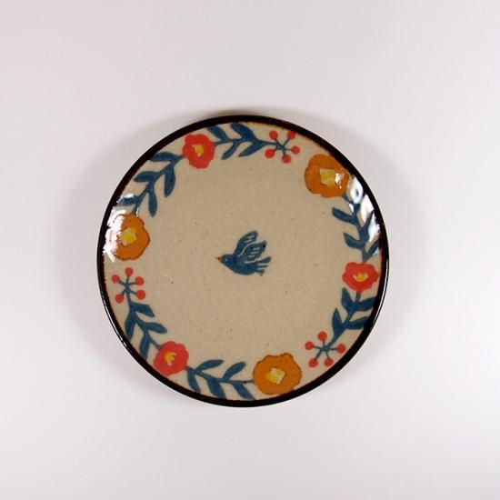 鳥と花の陶器皿 楕円形 ミシャコシャ 鳥と花の陶器皿 楕円形