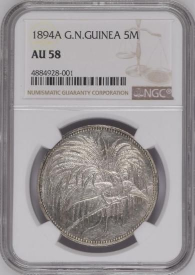 ドイツ領ニューギニア 1894A 極楽鳥 5マルク銀貨 NGC AU58 - 【鑑定済