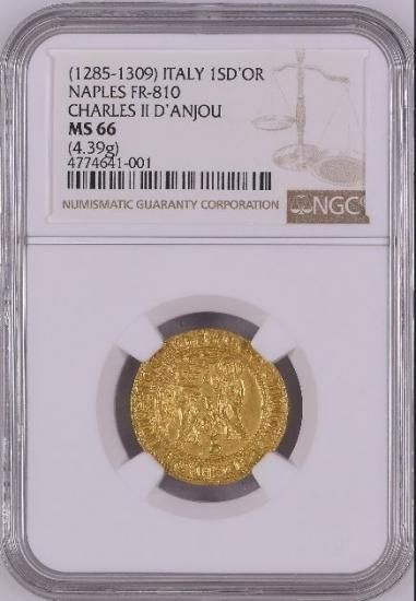 中世イタリア ナポリ 1285-1309 カルロ2世 サリュー金貨 NGC MS66