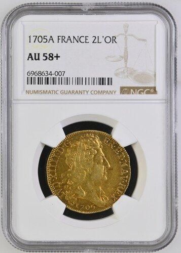 フランス 1705A ルイ14世 2ルイドール金貨 NGC AU58+! 鑑定唯一品