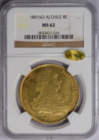 チリ 1801SO Aj 8エスクード カルロス4世 金貨 NGC MS62 最高鑑定品