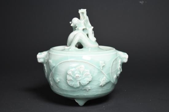 中国粉砕漢詩花鳥文香炉陶枕C6703E