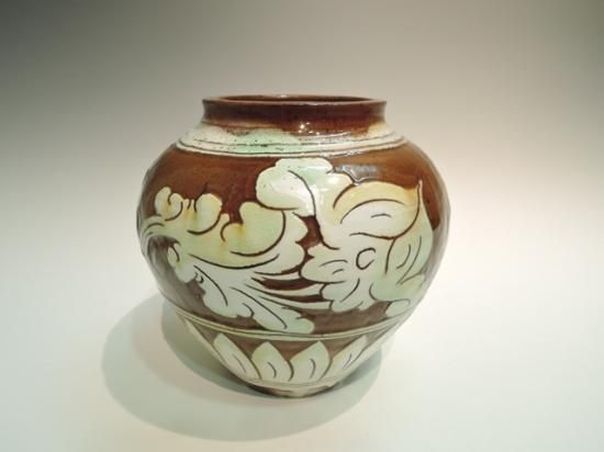 河井久 飾り皿「桔梗文鉢」直径20.5 共箱 河井寛次郎・河井武一に師事