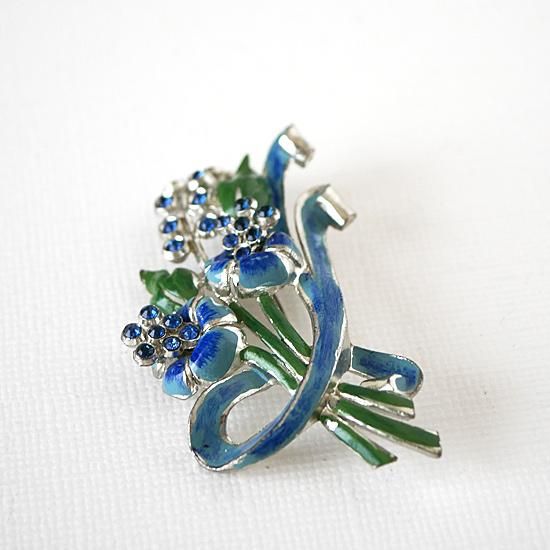 フランス ヴィンテージ 銀張りのライトストーンと黒色石のブローチ