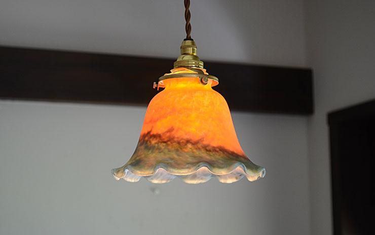 オレンジガラスシェード ペンダントランプ｜アンティーク照明・ランプ