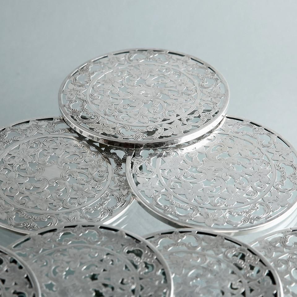 Webster】Art Deco 透かしのコースター 8枚【純銀 / ガラス