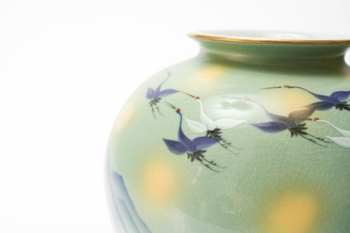 緑色の鶴模様陶器花瓶 約30cm 緑色の鶴模様陶器花瓶 約30cm