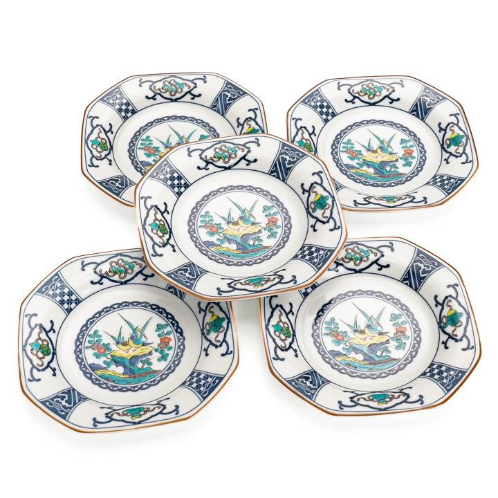 5号皿揃 染付宝紋花鳥/青郊窯