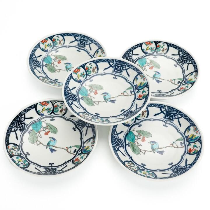 5.8号皿揃 染付丸紋花鳥/青郊窯