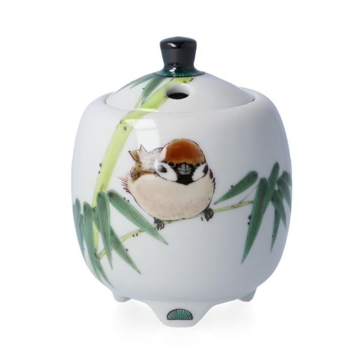 人気作家！九谷焼 中村陶志人 青粒花詰 香炉 共箱 豆香炉 竹雀