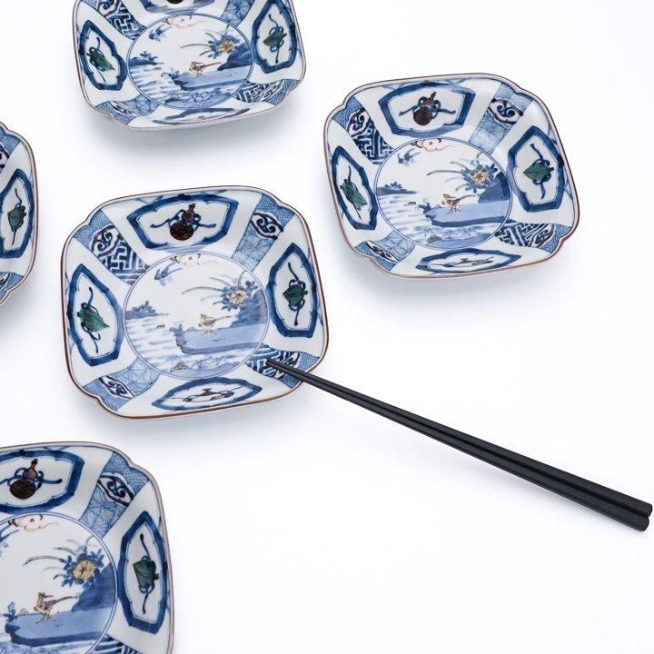 宮内庁御用窯 四方皿揃 染色桃花花鳥文 山本長左 | 九谷焼専門店陶らいふ