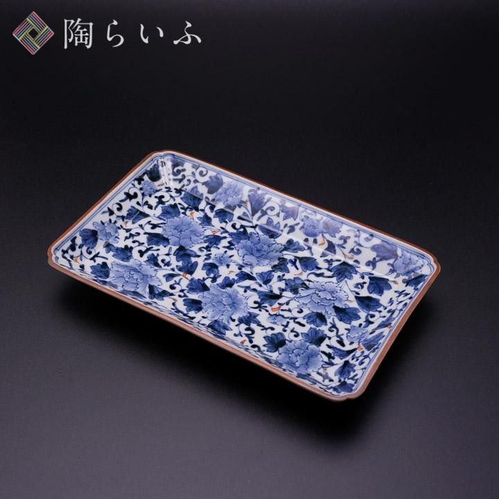 宮内庁御用窯】長角皿 色絵牡丹唐草/山本長左 （木箱入り） - 和食器の