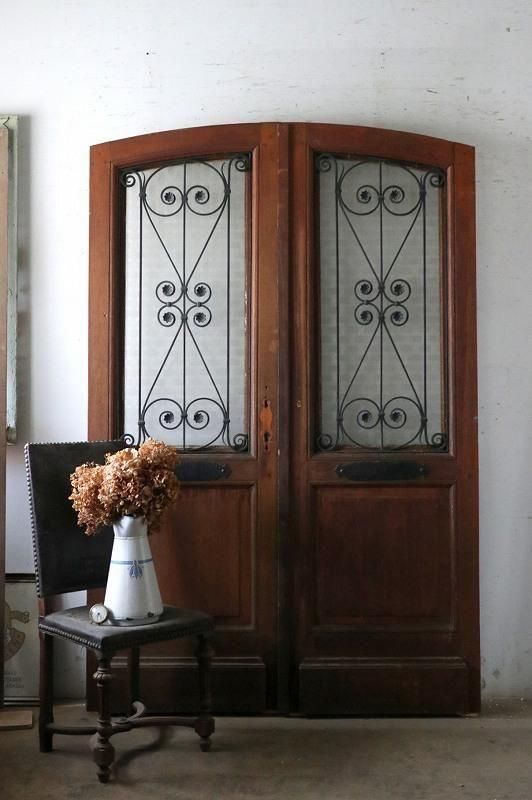 フランスアンティーク アーチ観音開き アイアン飾り ガラスドア
