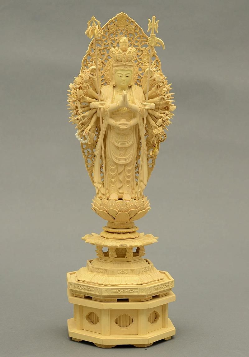 柘植製 十一面千手観音(立像/4寸) 新八角台座 唐草光背 金泥 眼入 仏像