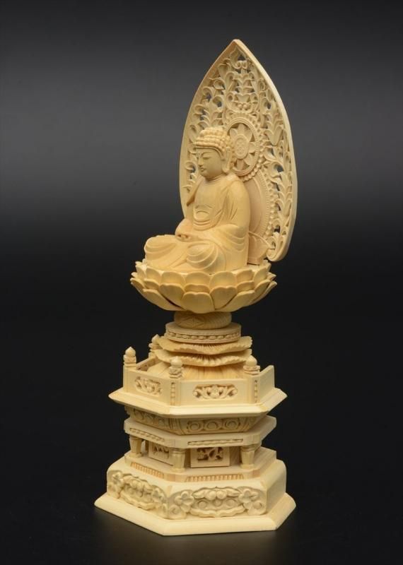 天台宗】白木製 阿弥陀如来(座像/2寸) 六角台座 唐草光背 仏像 - 仏壇