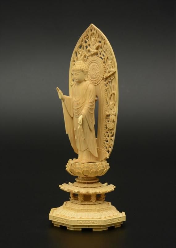 浄土宗・時宗】柘植製 舟立弥陀(立像/4寸) 八角台座 飛天光背 仏像