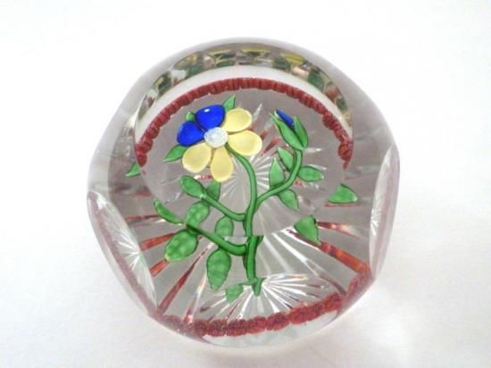 バカラ ペーパーウェイト ○ 文鎮 クリスタル 花 パンジー 青 黄色
