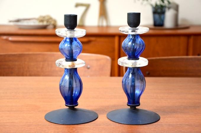 LAMORGIFT ブルーガラスキャンドルスティックホルダー 6個