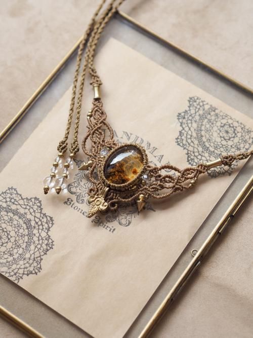 マクラメ編みネックレス アンバー・琥珀（メキシコ産）＆真鍮 STONES