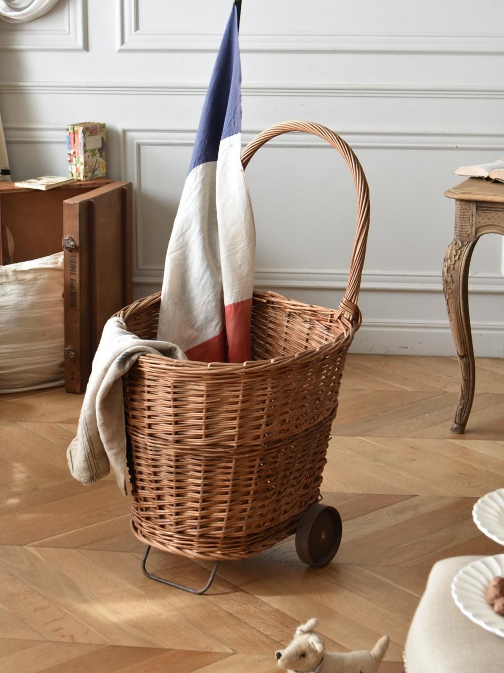 ローズパニエ大 バラペイント蓋付きバスケット フランスアンティーク