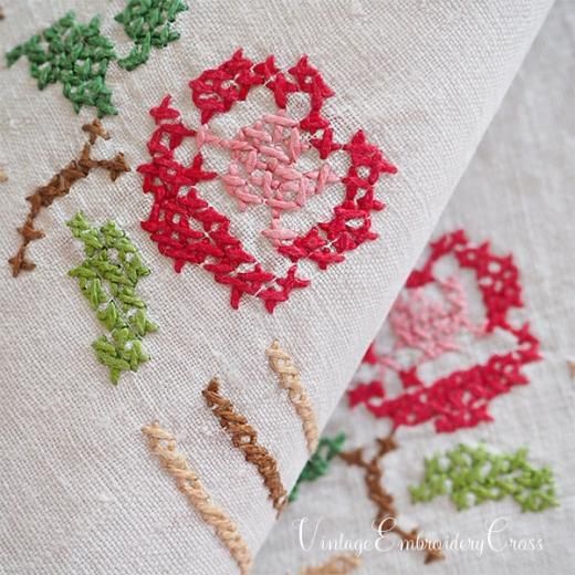 アンティークイギリスニードルワーク 紅花常磐万作 色糸刺繍 リネン