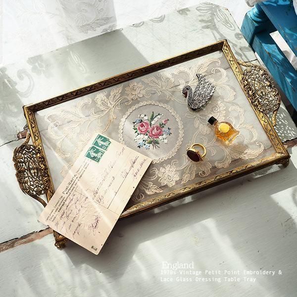 送料無料】イギリスアンティーク プチポワン ドレッシングトレイ バラ