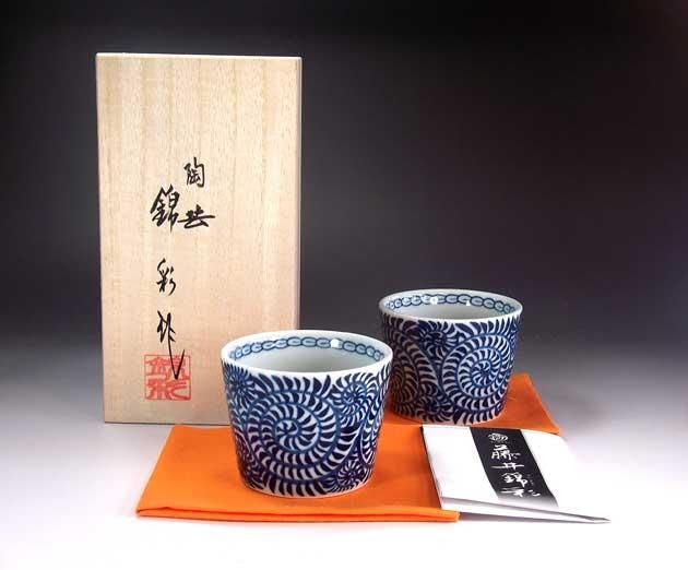 e2028 古伊万里 染付 中猪口 5客 よろけ紋 蕎麦猪口 そば猪口 茶碗