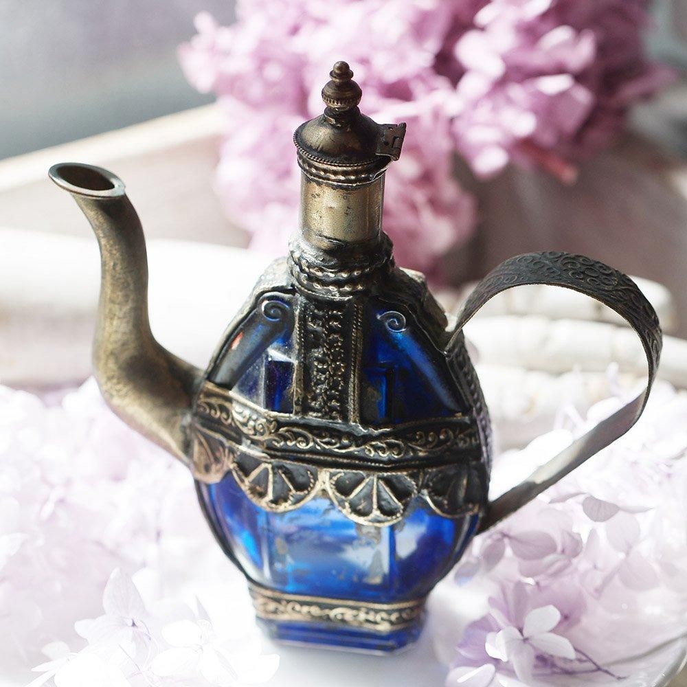 英国製 純銀蓋 19世紀 アンティーク ブルー カットグラス 香水瓶 英国