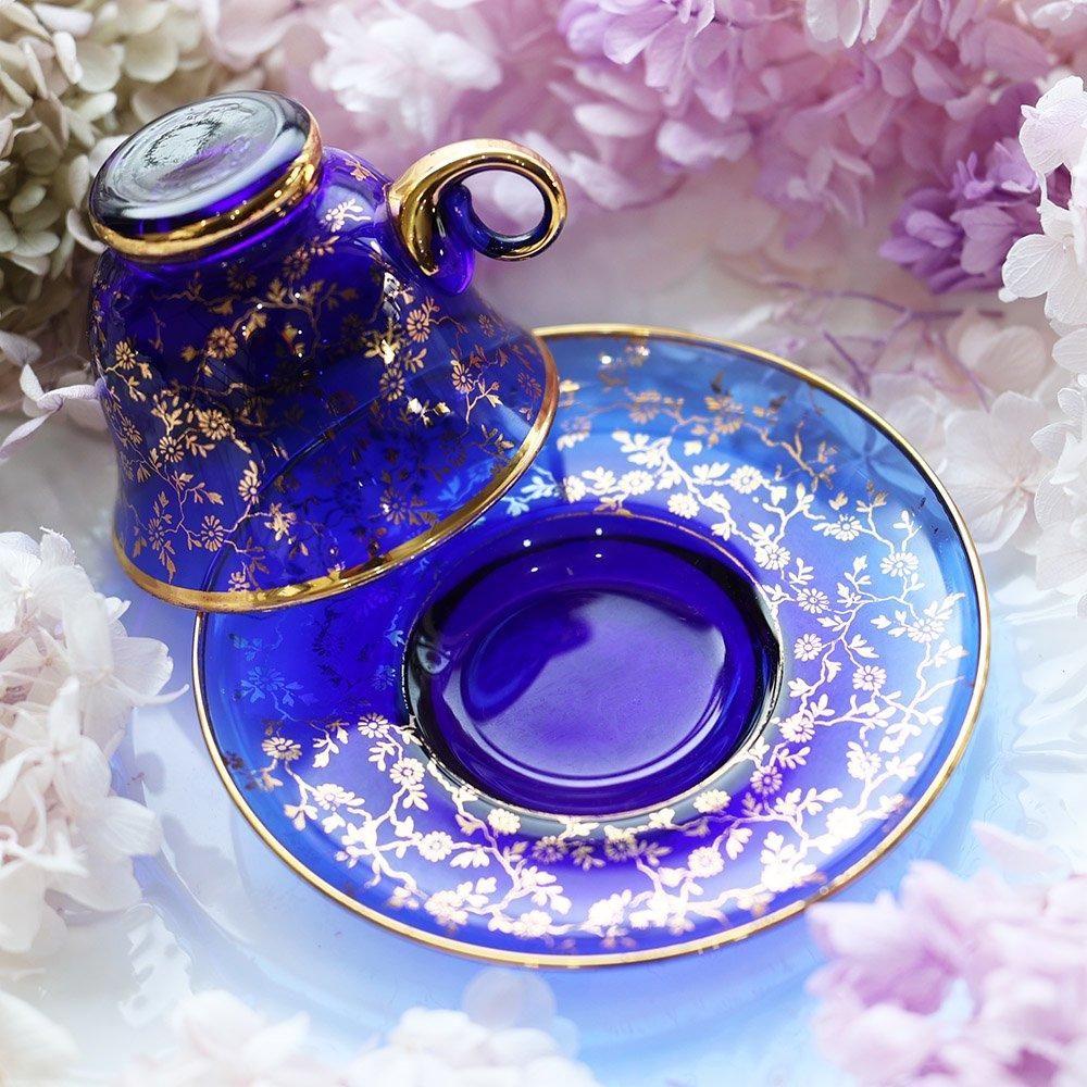 イタリア製金彩青硝子カップ&ソーサー - 海福雑貨通販部