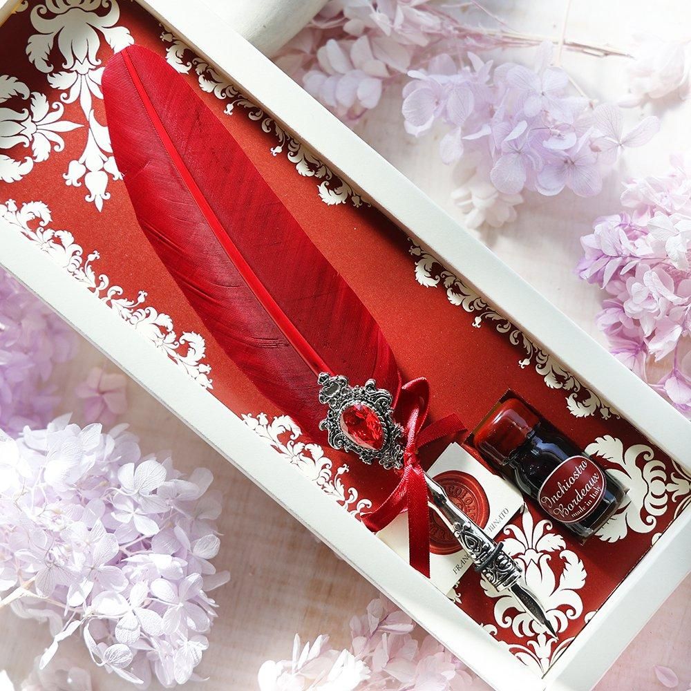 羽根ペン・インクセット（スワロフスキー・ワインレッド） - 海福雑貨